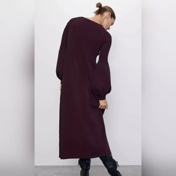 Zara Ribbed Balloon Sleeve Maroon Knit Dress Large Jumper Sweater Maxi Stretch - Picture 5 of 11